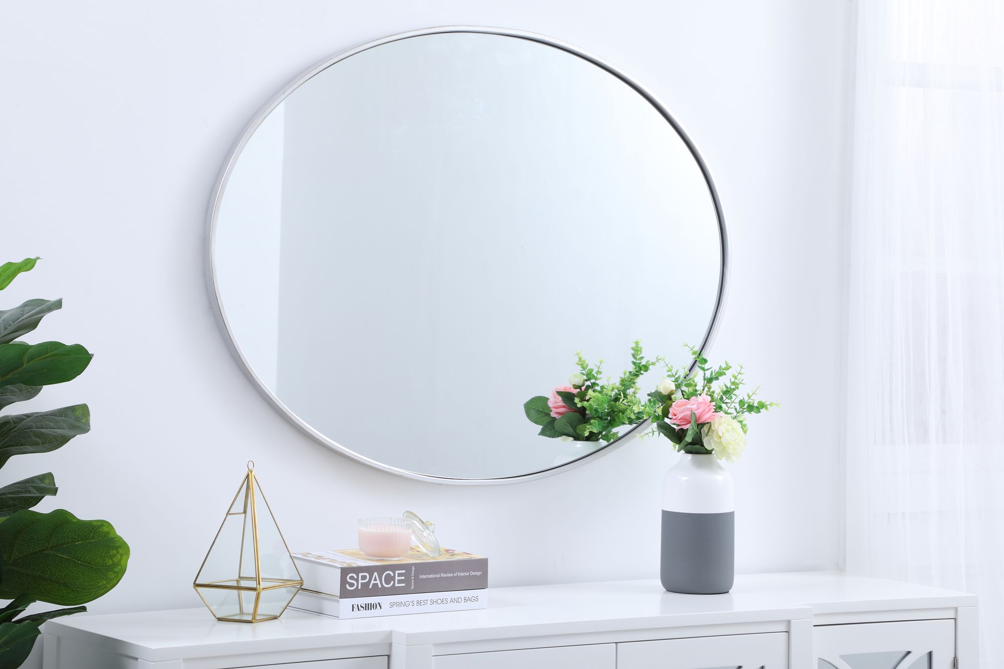 40-in W x 30-in H Metal Frame Oval Wall Mirror in Silver