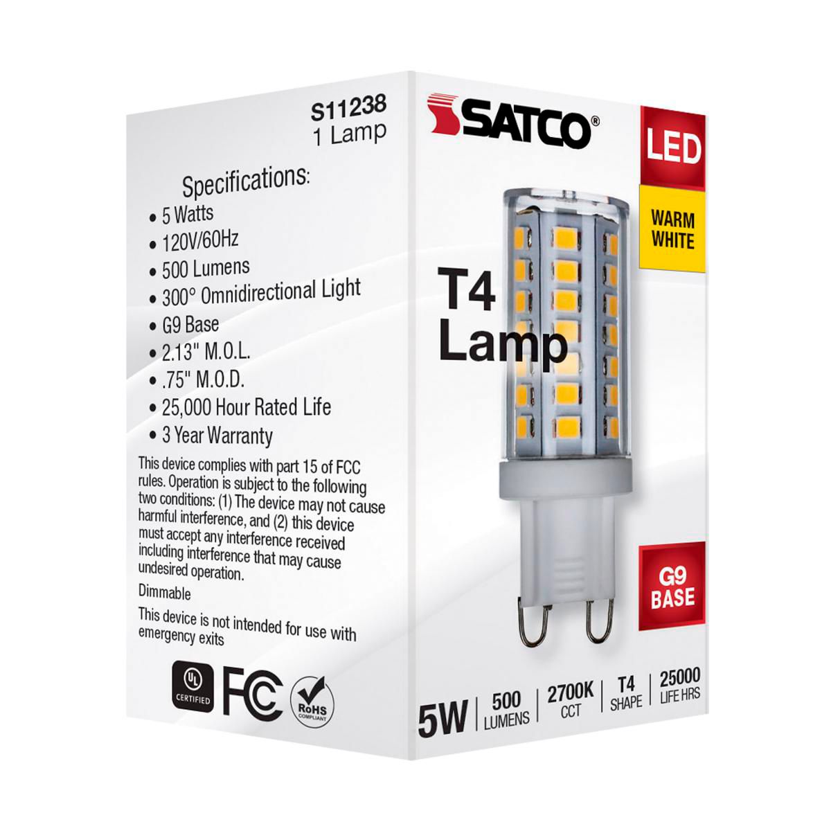 40 Watt Equivalent Satco 5W LED Clear G9 Double Loop T4 Light Bulb in scene