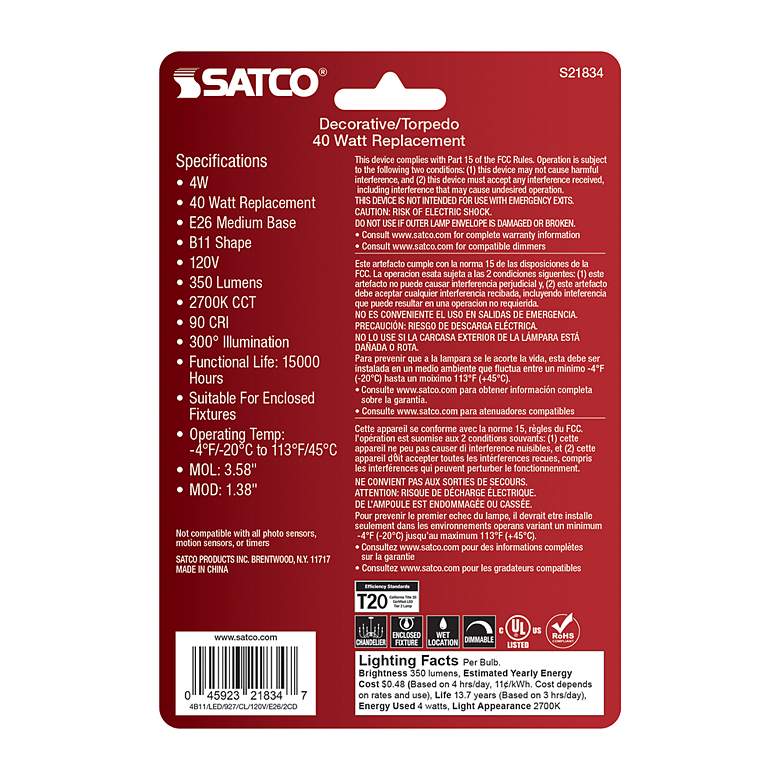 Image 5 40 Watt Equivalent Satco Clear 4W LED Dimmable E26 B112-Pack more views
