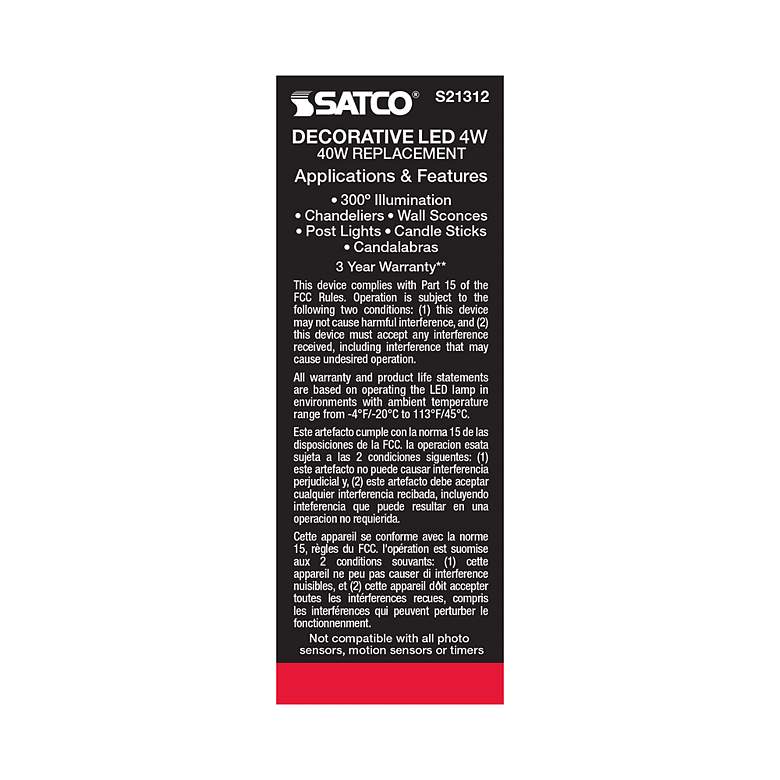 Image 6 40 Watt Equivalent Satco Clear 4W LED Dimmable Standard CA10 more views
