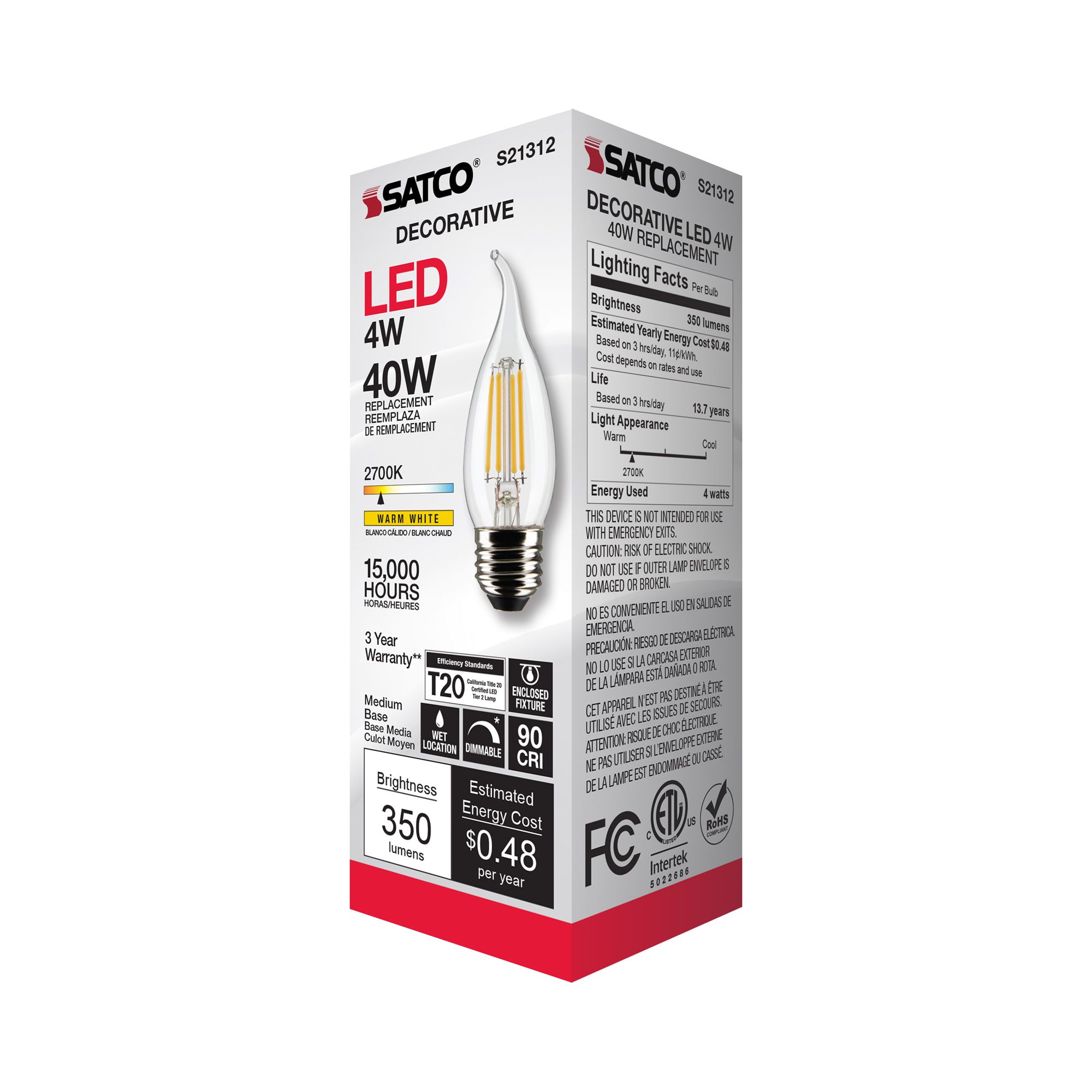 40 Watt Equivalent Satco Clear 4W LED Dimmable Standard CA10 in scene