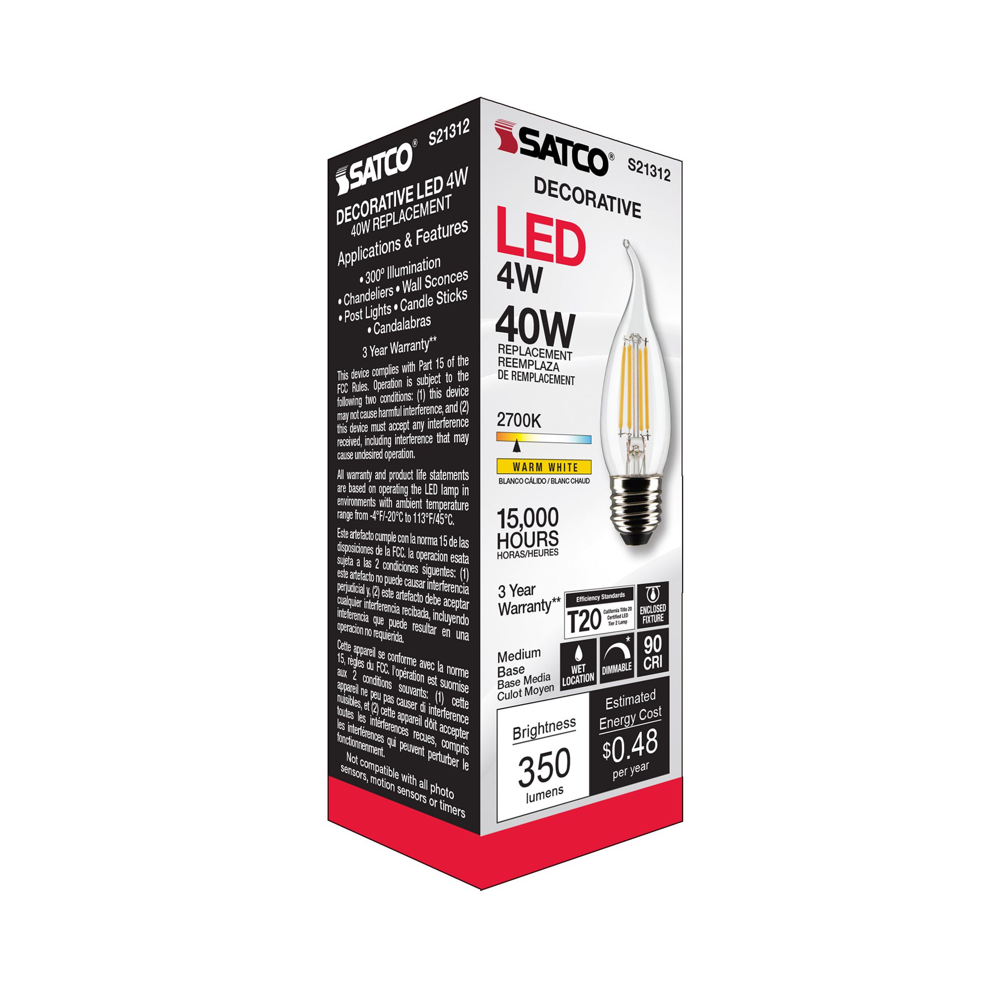 40 Watt Equivalent Satco Clear 4W LED Dimmable Standard CA10 in scene