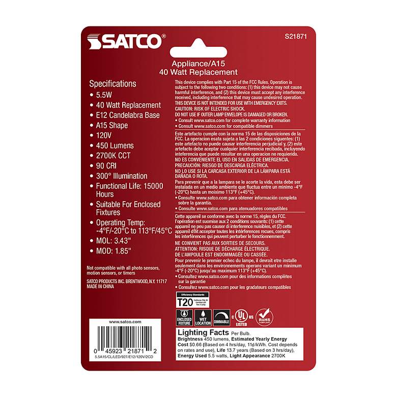 Image 5 40 Watt Equivalent Satco Clear 5.5W LED Dimmable E12 2-Pack more views