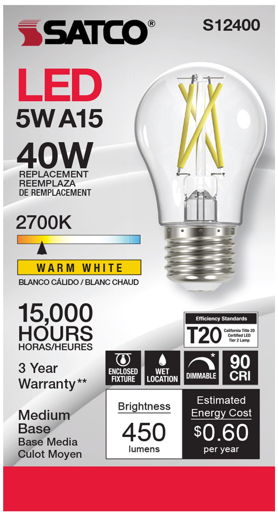 Image 2 40 Watt Equivalent Satco Clear 5W 2700K LED Dimmable E26 A15 6-Pack more views