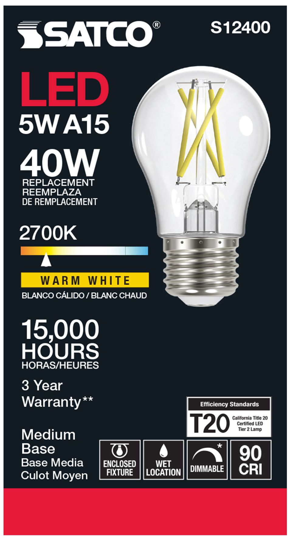 Image 3 40 Watt Equivalent Satco Clear 5W 2700K LED Dimmable E26 A15 6-Pack more views
