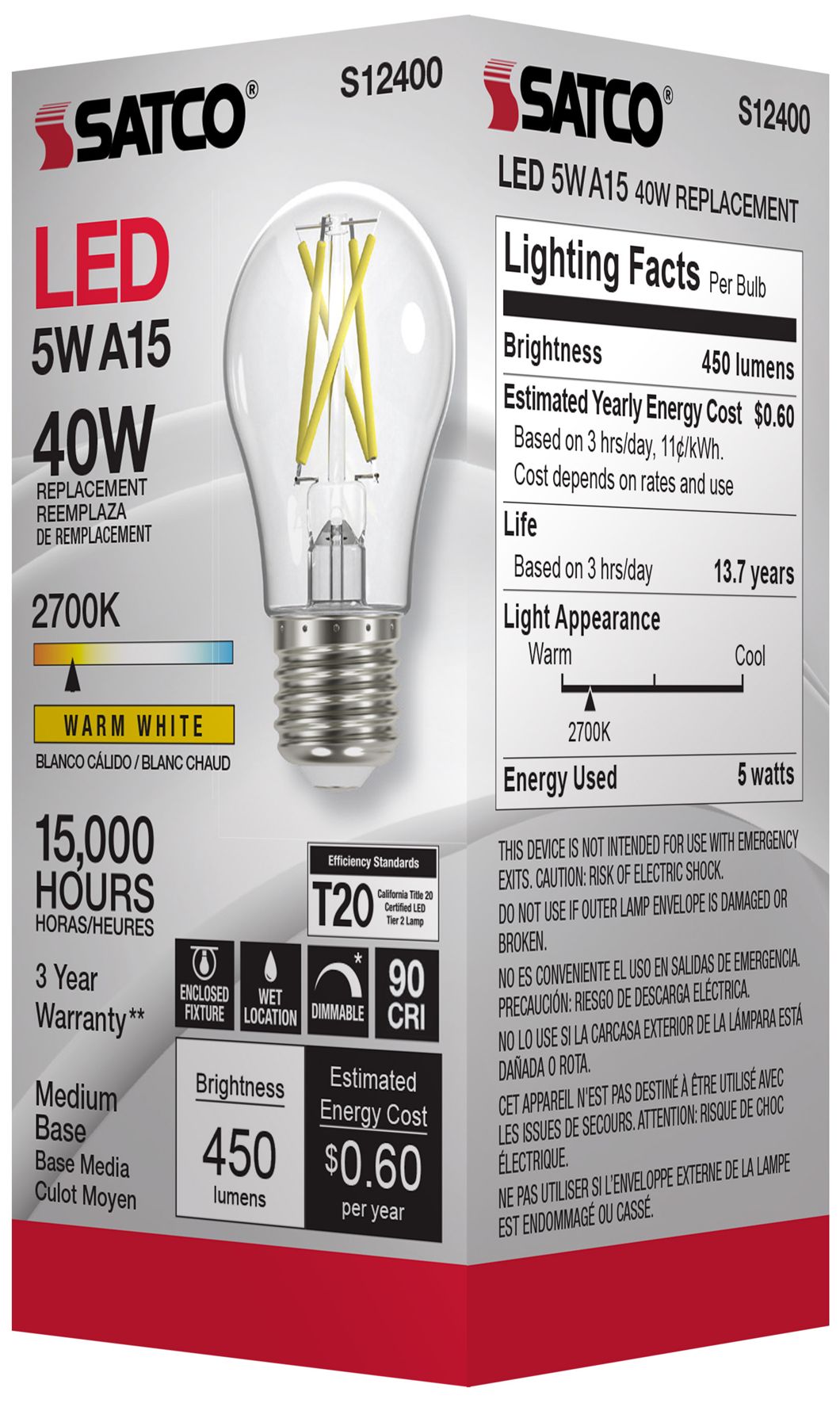 Image 6 40 Watt Equivalent Satco Clear 5W 2700K LED Dimmable E26 A15 6-Pack more views
