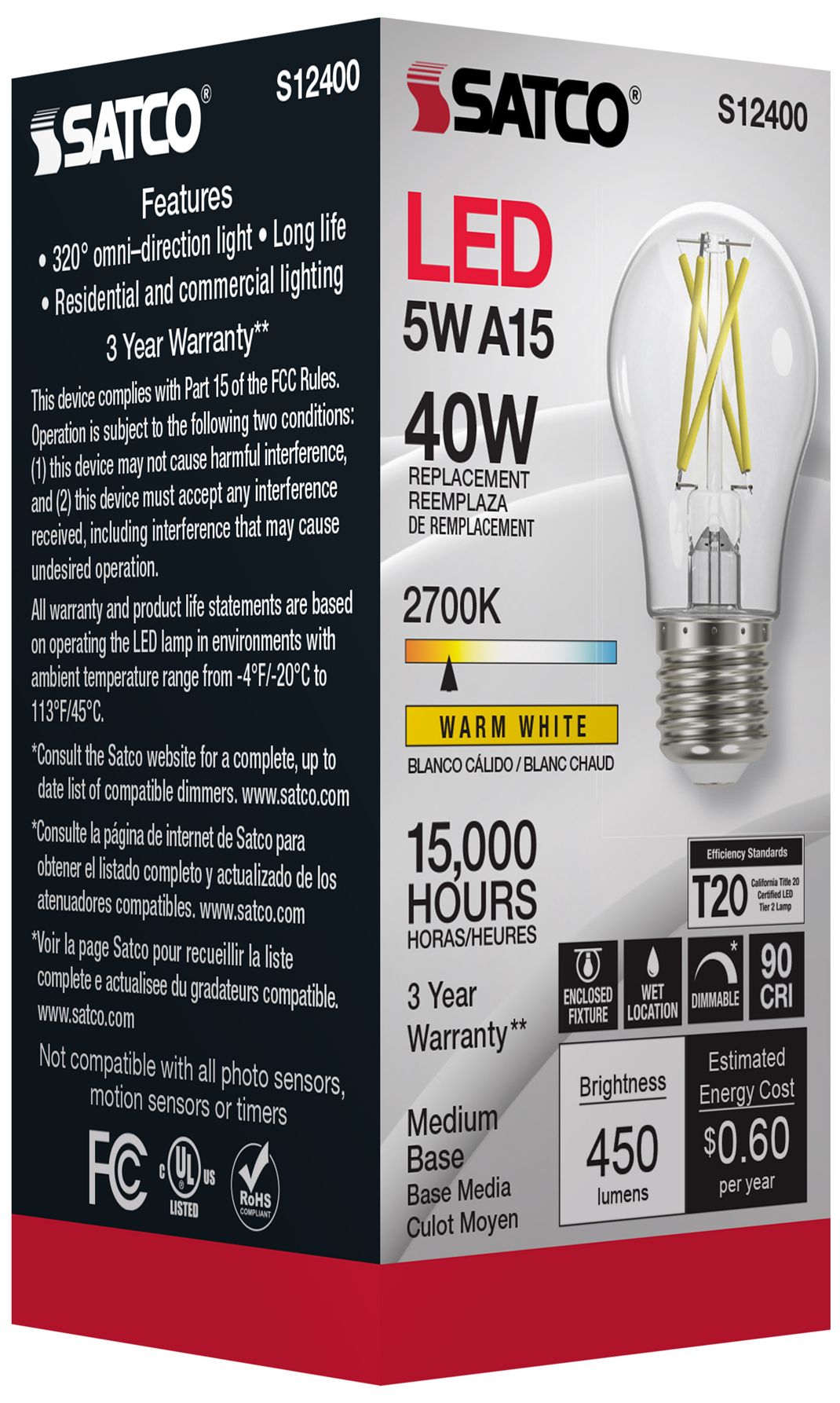 Image 7 40 Watt Equivalent Satco Clear 5W 2700K LED Dimmable E26 A15 6-Pack more views