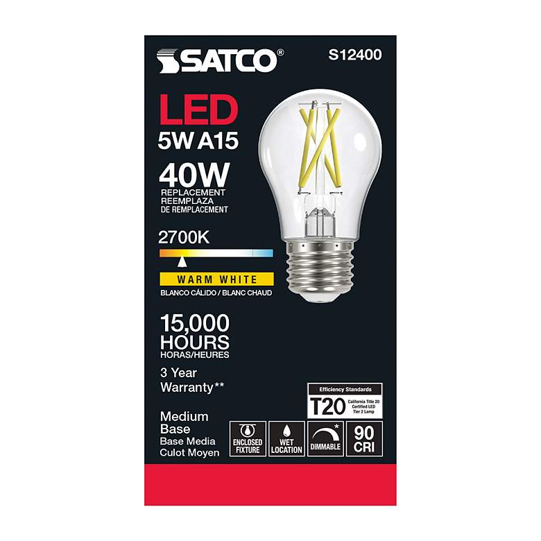 Image 3 40 Watt Equivalent Satco Clear 5W 2700K LED Dimmable E26 A15 more views