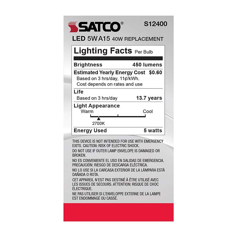 Image 4 40 Watt Equivalent Satco Clear 5W 2700K LED Dimmable E26 A15 more views