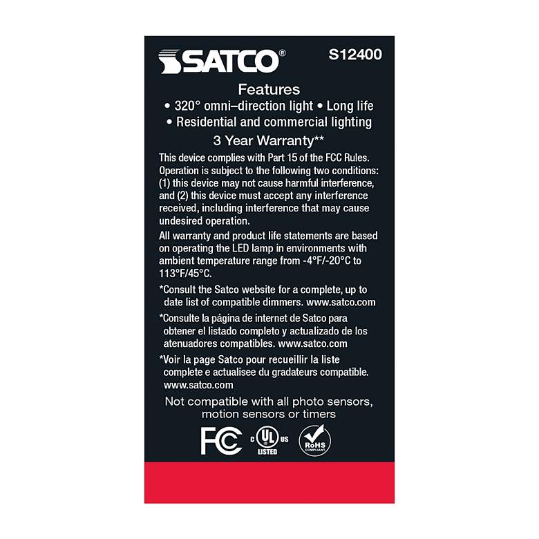 Image 5 40 Watt Equivalent Satco Clear 5W 2700K LED Dimmable E26 A15 more views