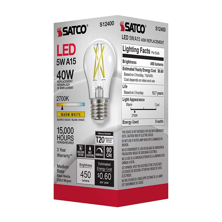 Image 6 40 Watt Equivalent Satco Clear 5W 2700K LED Dimmable E26 A15 more views
