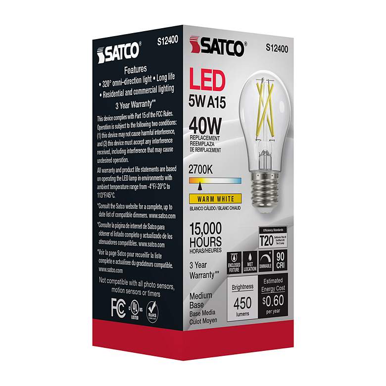 Image 7 40 Watt Equivalent Satco Clear 5W 2700K LED Dimmable E26 A15 more views