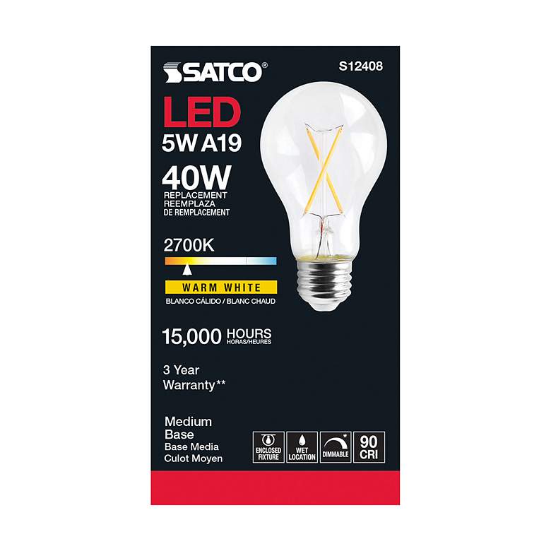 Image 3 40 Watt Equivalent Satco Clear 5W 2700K LED Dimmable E26 A19 more views