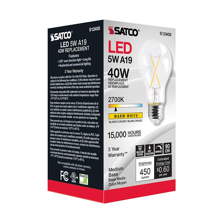 Image 4 40 Watt Equivalent Satco Clear 5W 2700K LED Dimmable E26 A19 more views