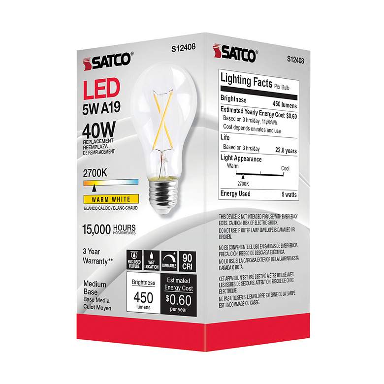 Image 5 40 Watt Equivalent Satco Clear 5W 2700K LED Dimmable E26 A19 more views