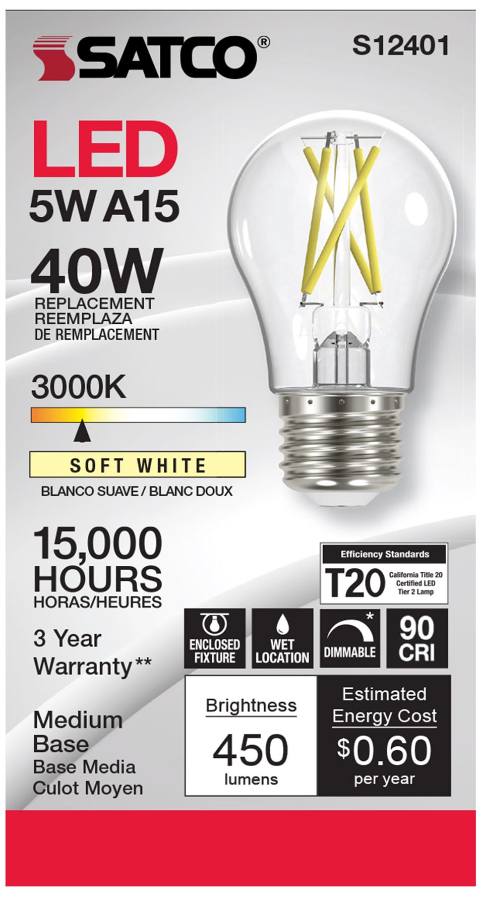 Image 2 40 Watt Equivalent Satco Clear 5W 3000K LED Dimmable E26 A15 6-Pack more views