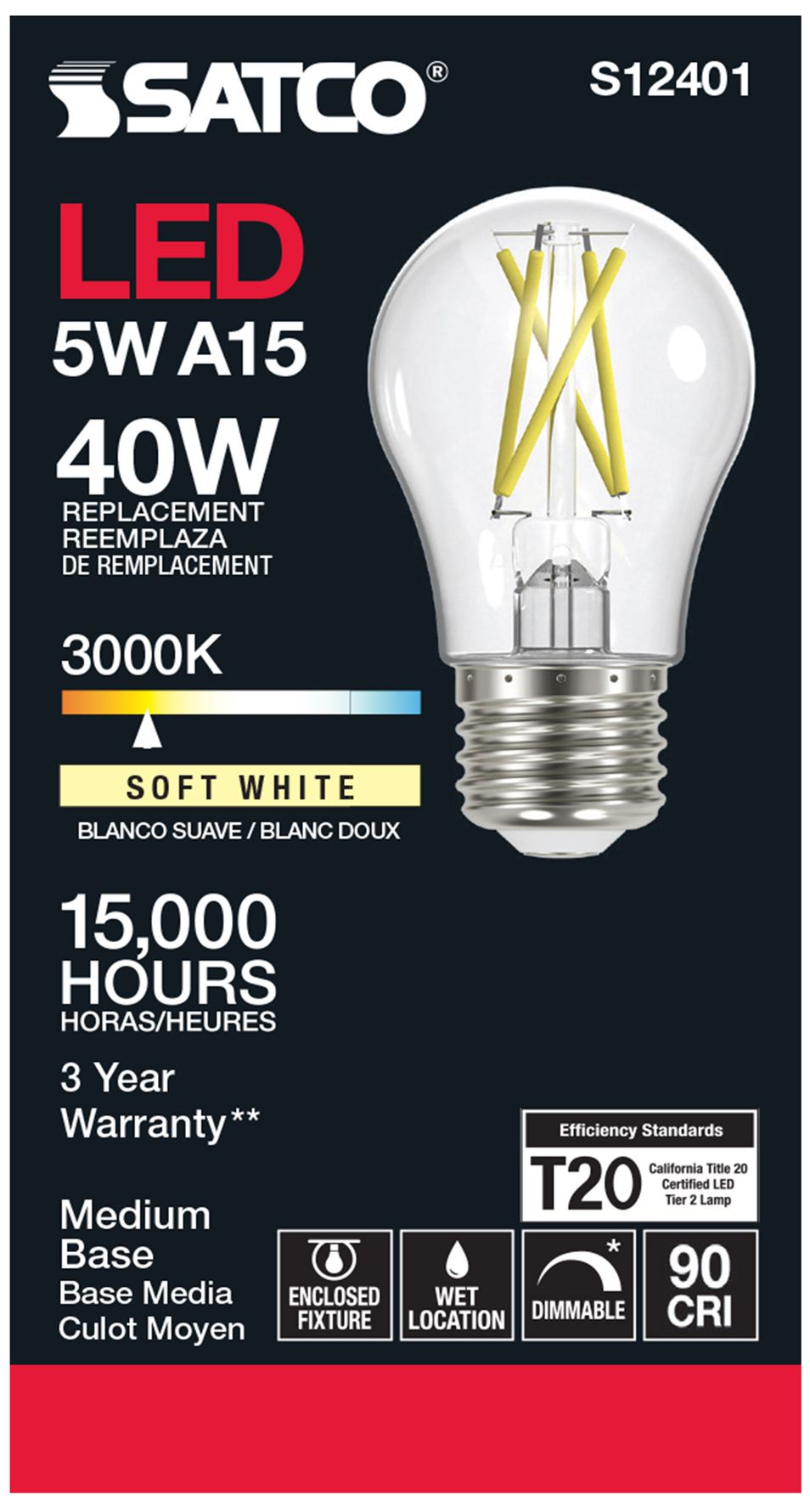 Image 3 40 Watt Equivalent Satco Clear 5W 3000K LED Dimmable E26 A15 6-Pack more views