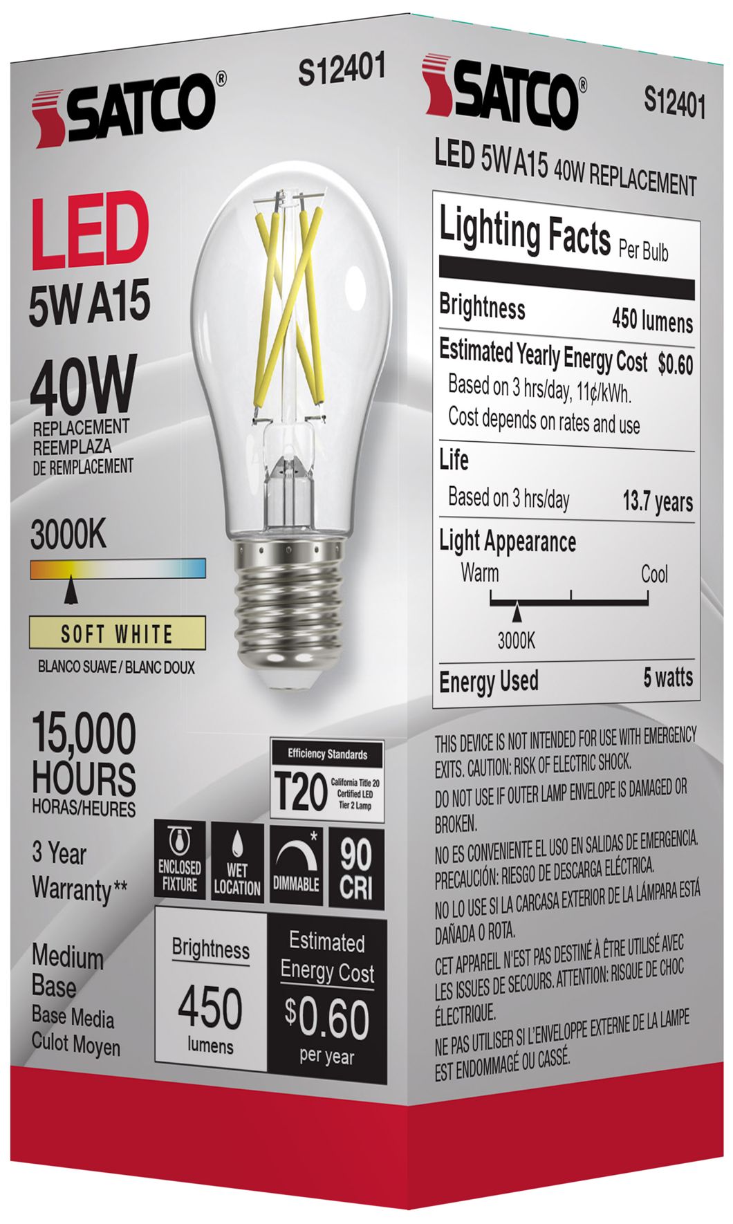 Image 6 40 Watt Equivalent Satco Clear 5W 3000K LED Dimmable E26 A15 6-Pack more views