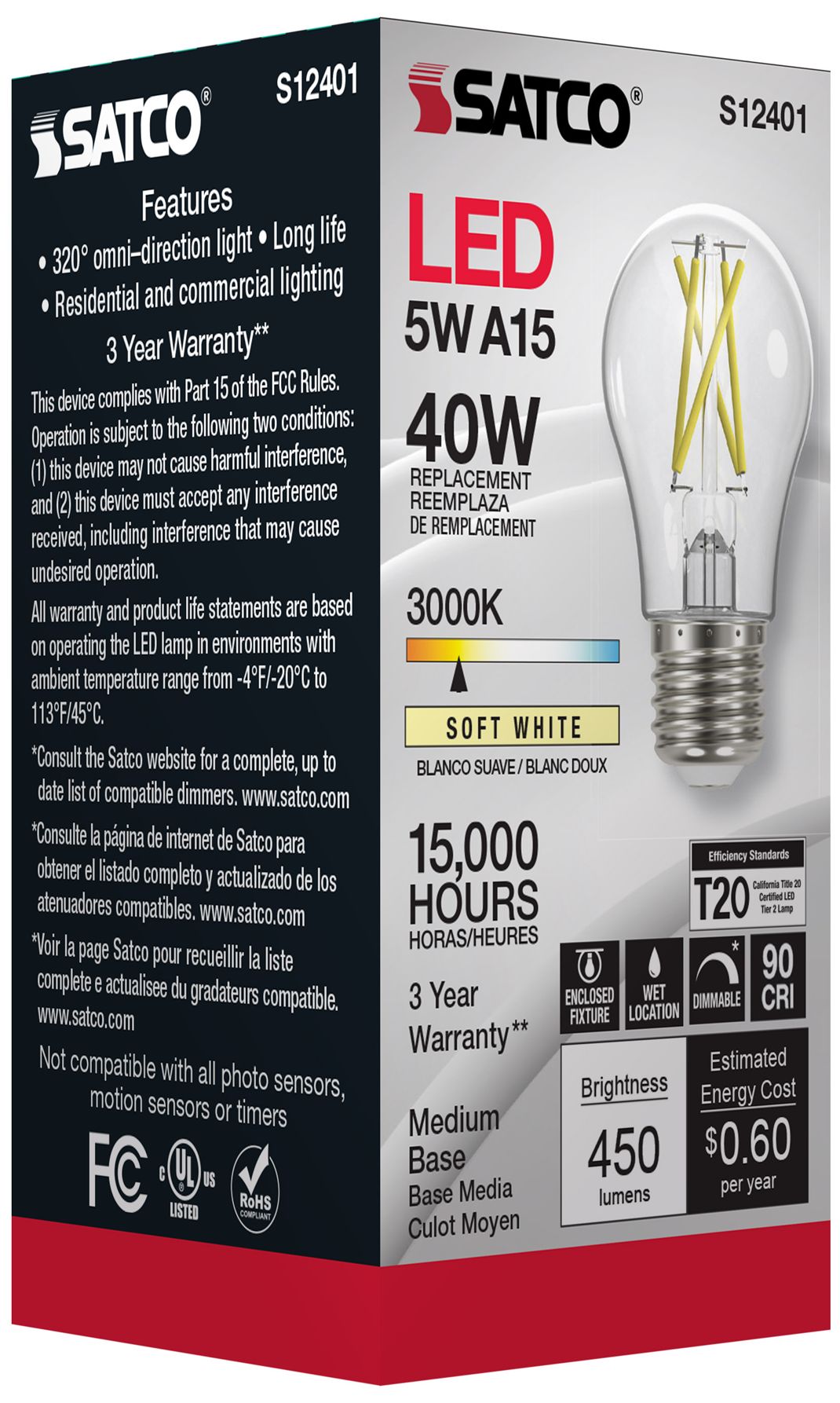 Image 7 40 Watt Equivalent Satco Clear 5W 3000K LED Dimmable E26 A15 6-Pack more views