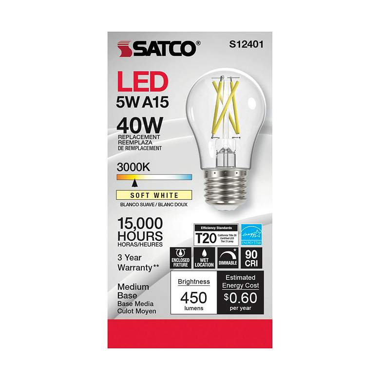 Image 2 40 Watt Equivalent Satco Clear 5W 3000K LED Dimmable E26 A15 more views