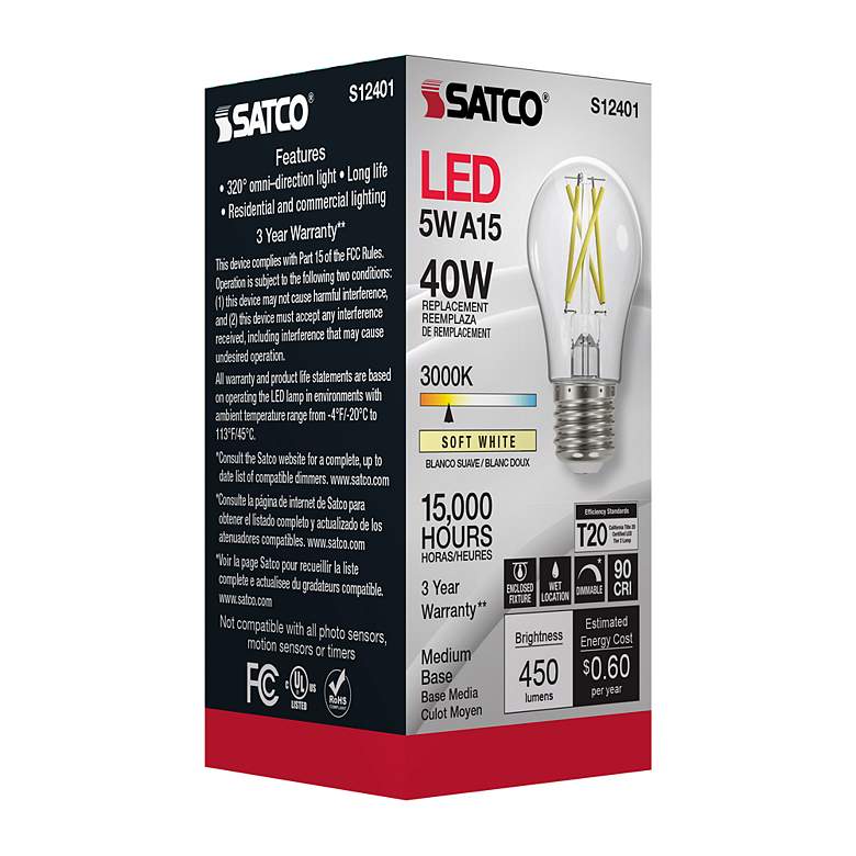 Image 7 40 Watt Equivalent Satco Clear 5W 3000K LED Dimmable E26 A15 more views