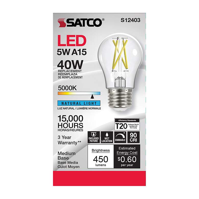 Image 2 40 Watt Equivalent Satco Clear 5W 5000K LED Dimmable E26 A15 more views
