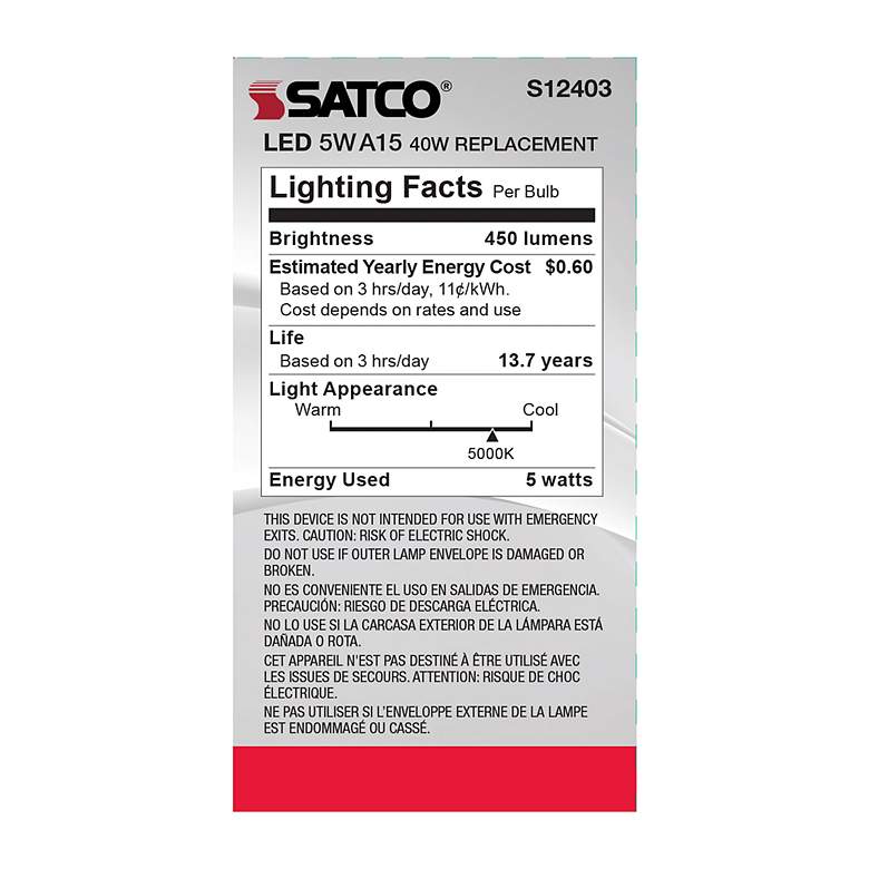 Image 4 40 Watt Equivalent Satco Clear 5W 5000K LED Dimmable E26 A15 more views