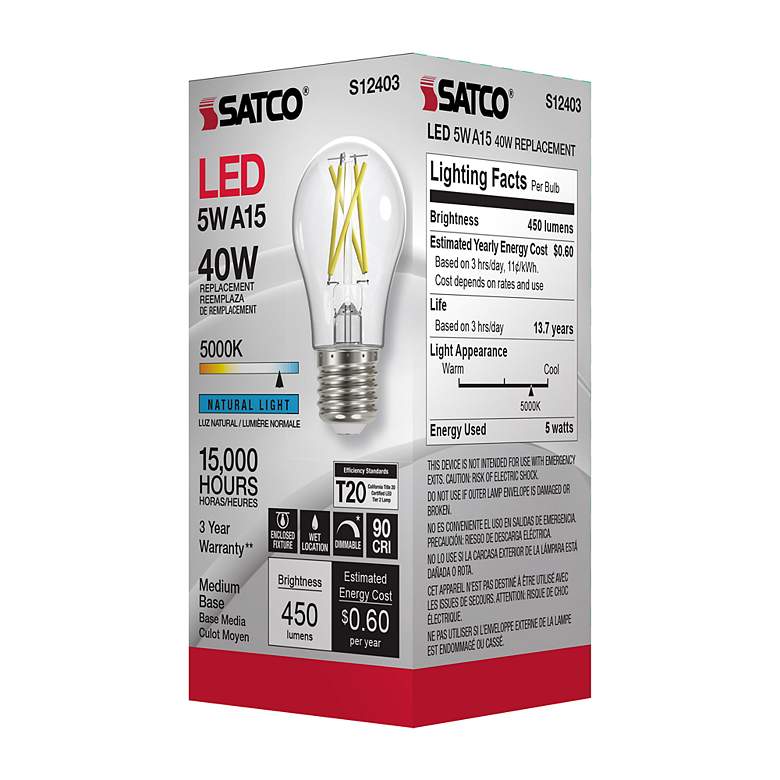 Image 6 40 Watt Equivalent Satco Clear 5W 5000K LED Dimmable E26 A15 more views