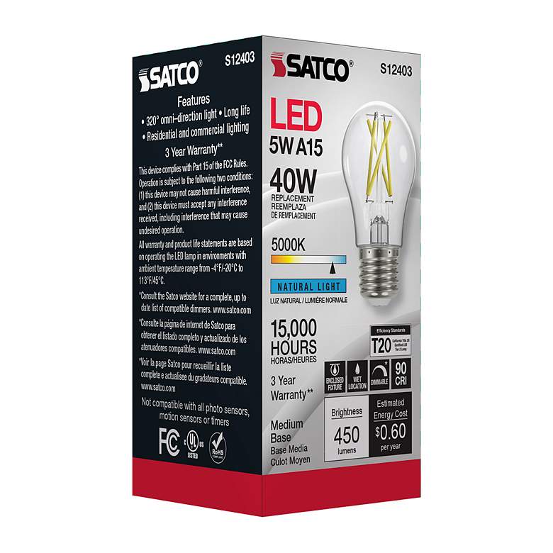 Image 7 40 Watt Equivalent Satco Clear 5W 5000K LED Dimmable E26 A15 more views