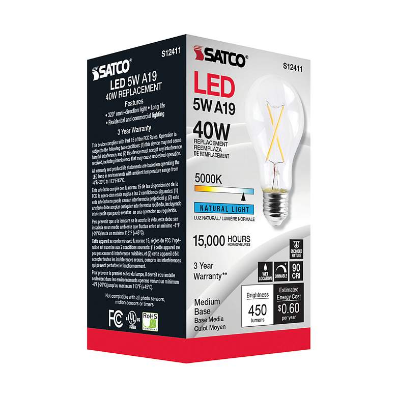 Image 4 40 Watt Equivalent Satco Clear 5W 5000K LED Dimmable E26 A19 more views