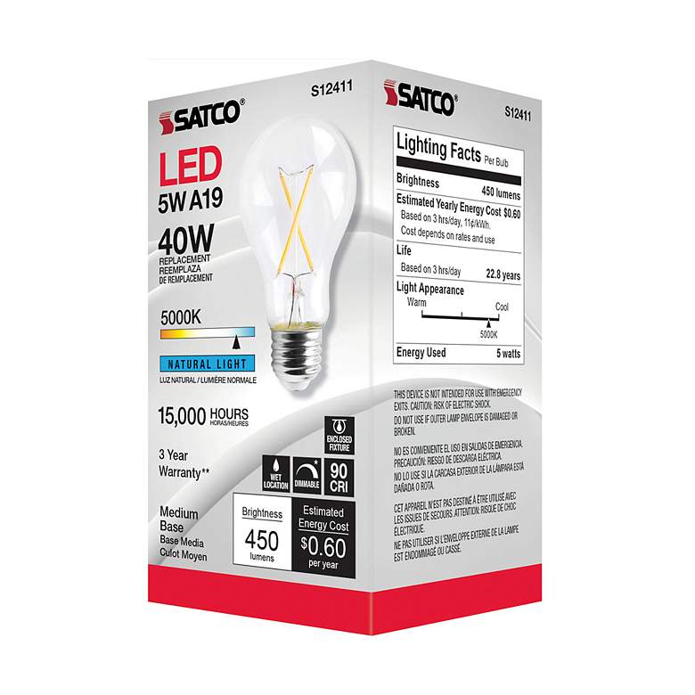 Image 5 40 Watt Equivalent Satco Clear 5W 5000K LED Dimmable E26 A19 more views