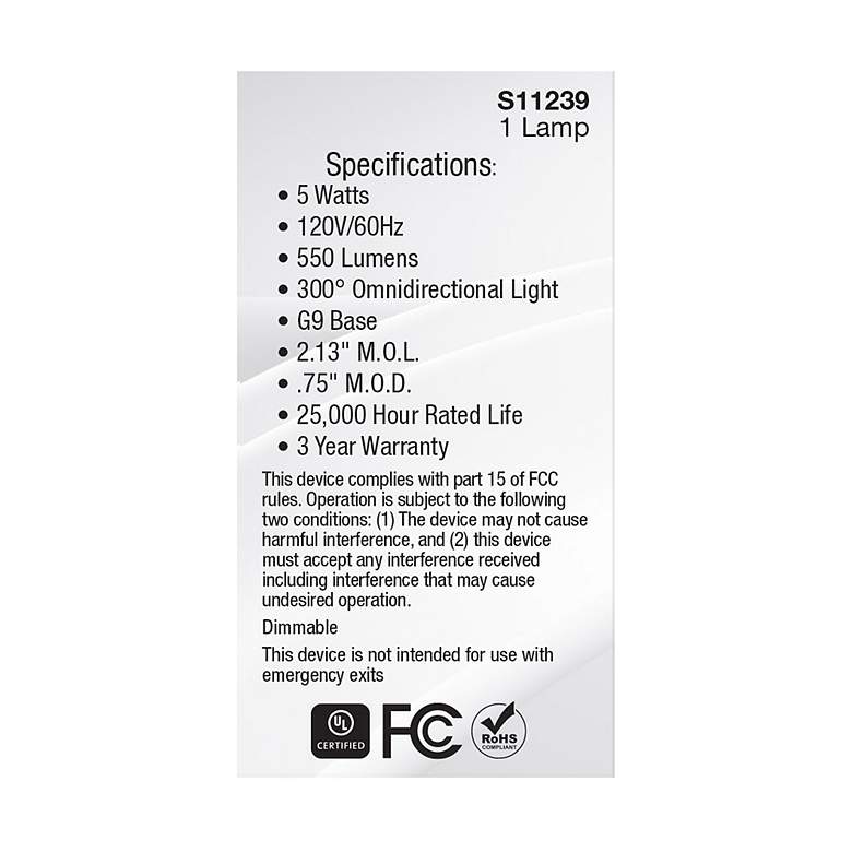 Image 6 40 Watt Equivalent Satco Clear 5W LED Dimmable Bi-Pin Bulb more views