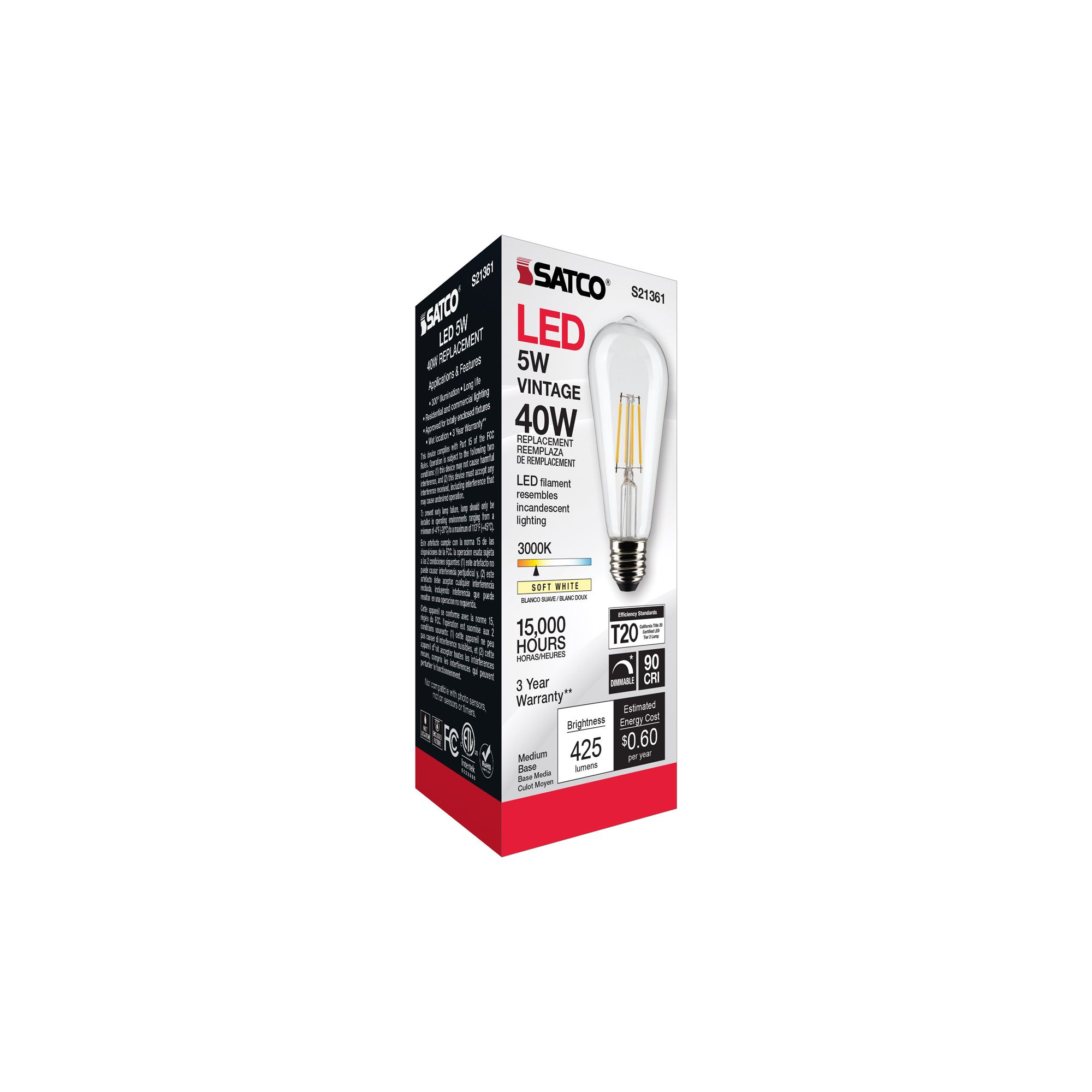 40 Watt Equivalent Satco Clear 5W LED Dimmable Standard ST19 in scene