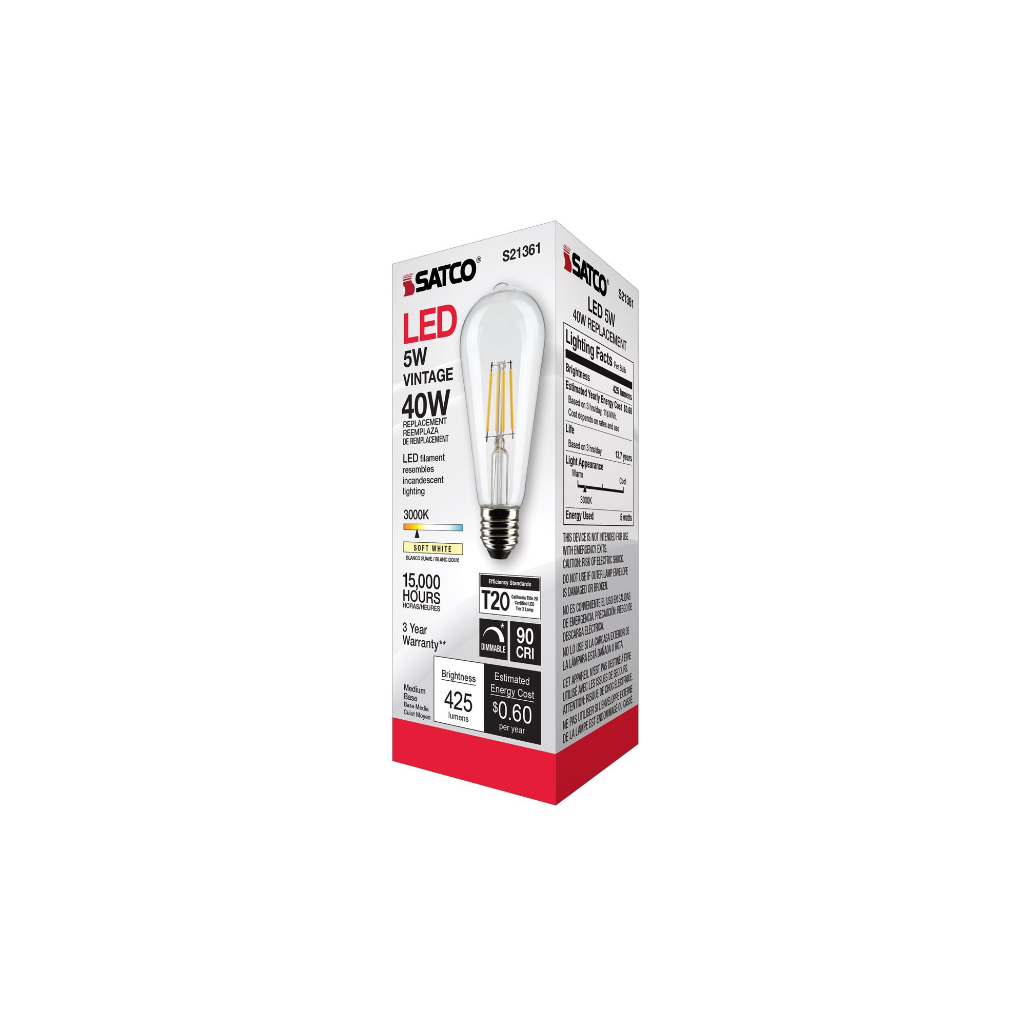 40 Watt Equivalent Satco Clear 5W LED Dimmable Standard ST19 in scene