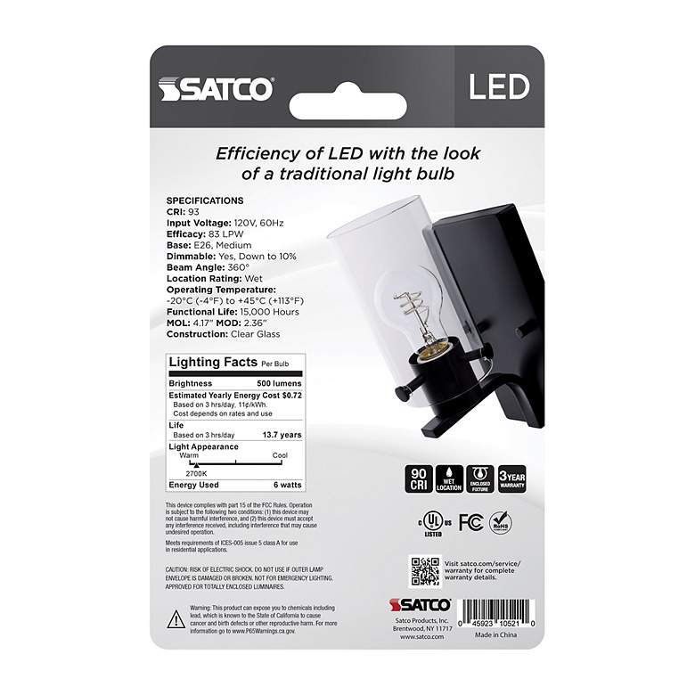 Image 6 40 Watt Equivalent Satco Clear 6W LED Dimmable Standard Bulb more views