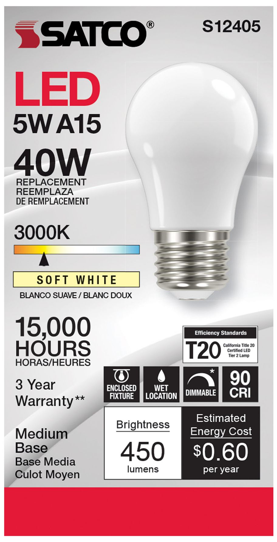Image 2 40 Watt Equivalent Satco Soft White 5W LED Dimmable E26 A15 6-Pack more views