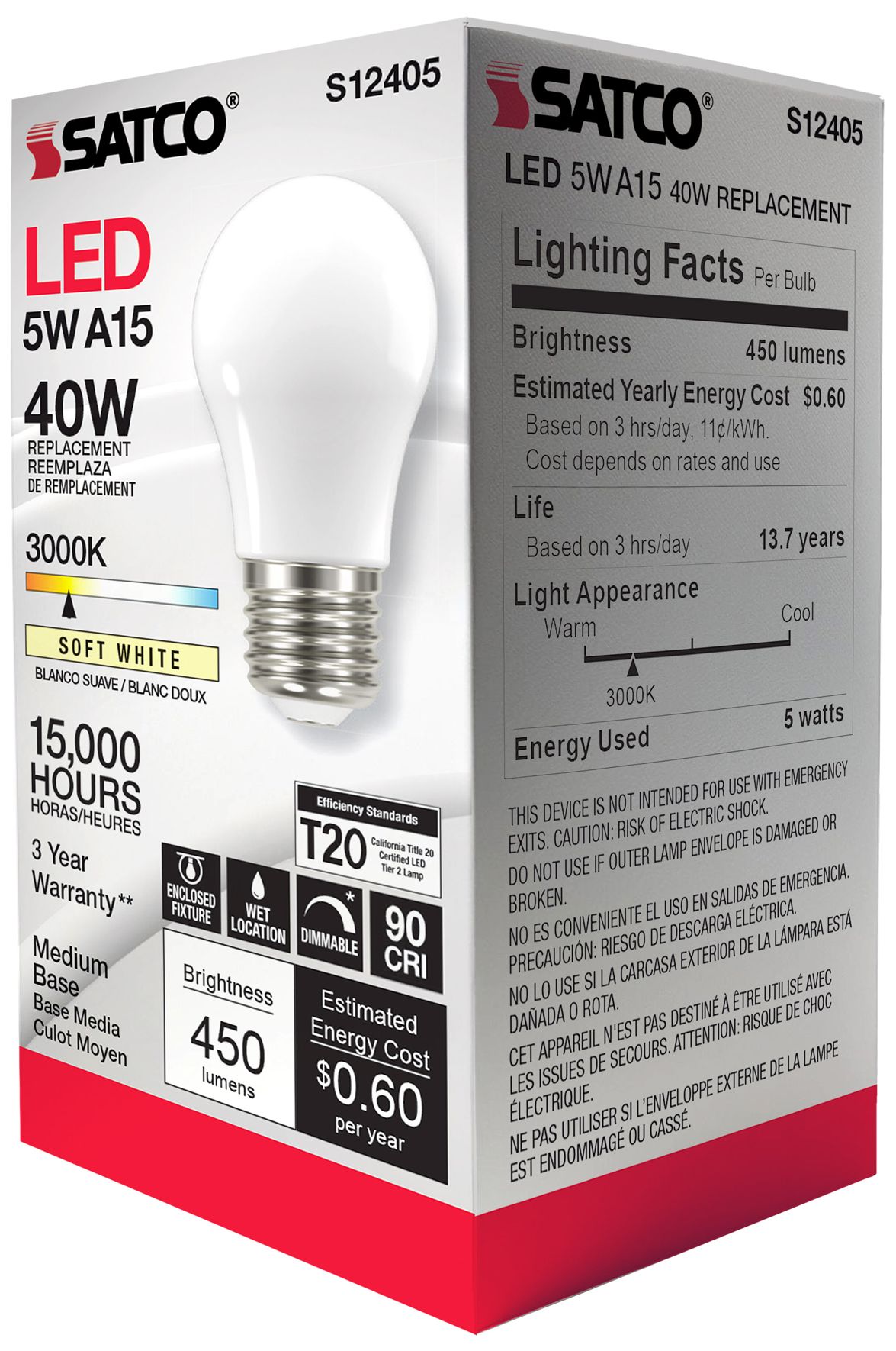 40 Watt Equivalent Satco Soft White 5W LED Dimmable E26 A15 6-Pack