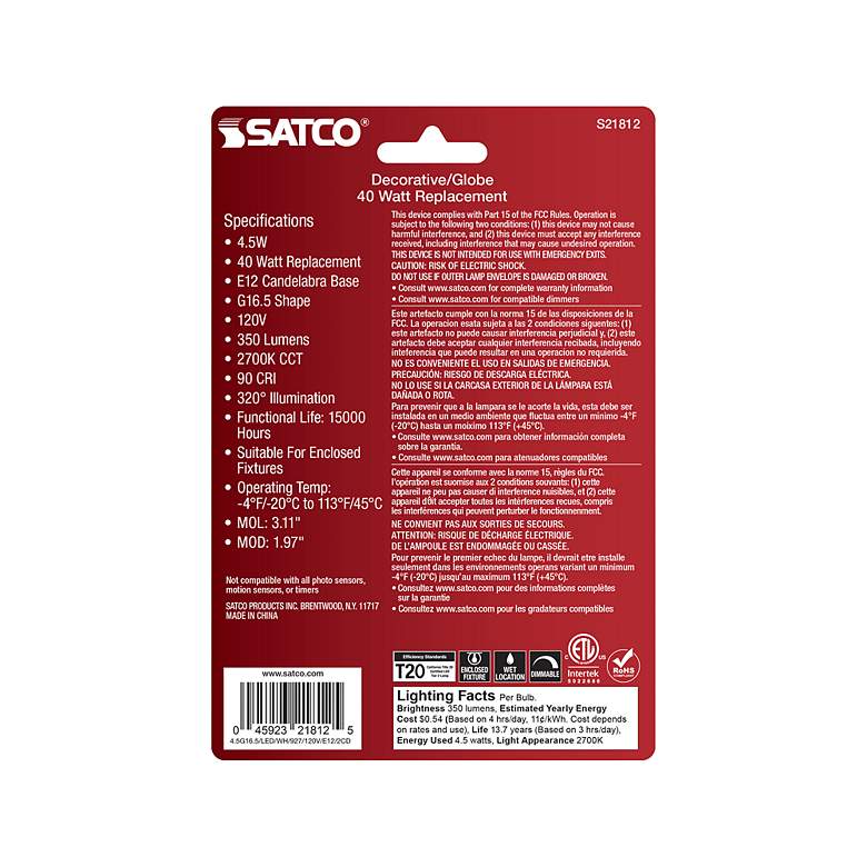 Image 5 40 Watt Equivalent Satco White 4.5W LED Dimmable E12 2-Pack more views