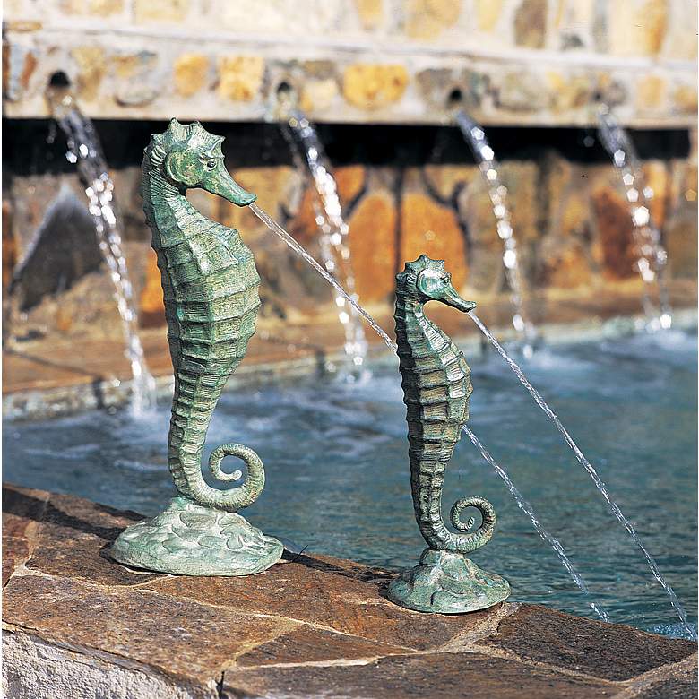 Image 1 Seahorse 19 inch High Verdigris Bronze Spitter Pond Fountain in scene