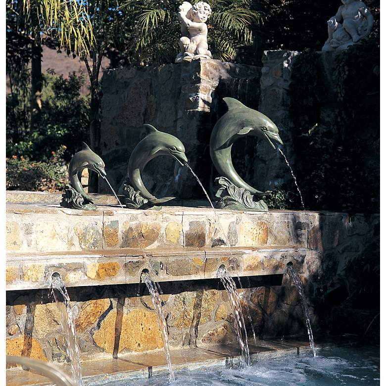 Image 1 Leaping Dolphin 28 inch High Pond Spitter Fountain in scene