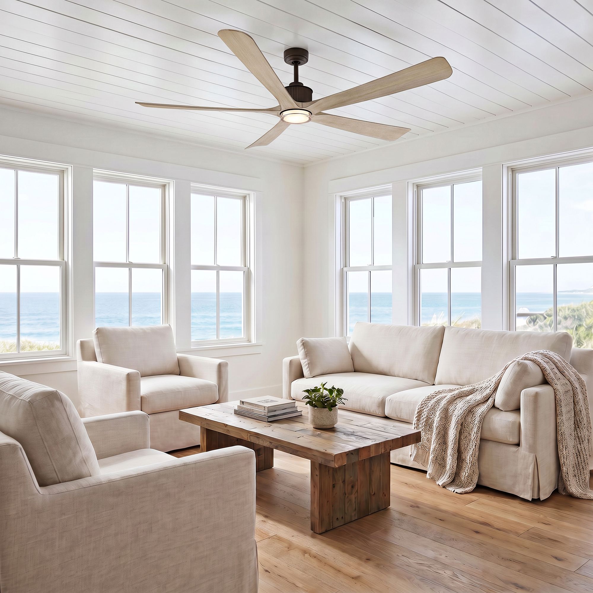 Image 1 60" Casa Vieja Hex Bronze and White Oak LED Ceiling Fan with Remote in scene
