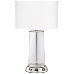 40A08 -Satin Nickel Glass TableLamp w/USB &amp; Outlet