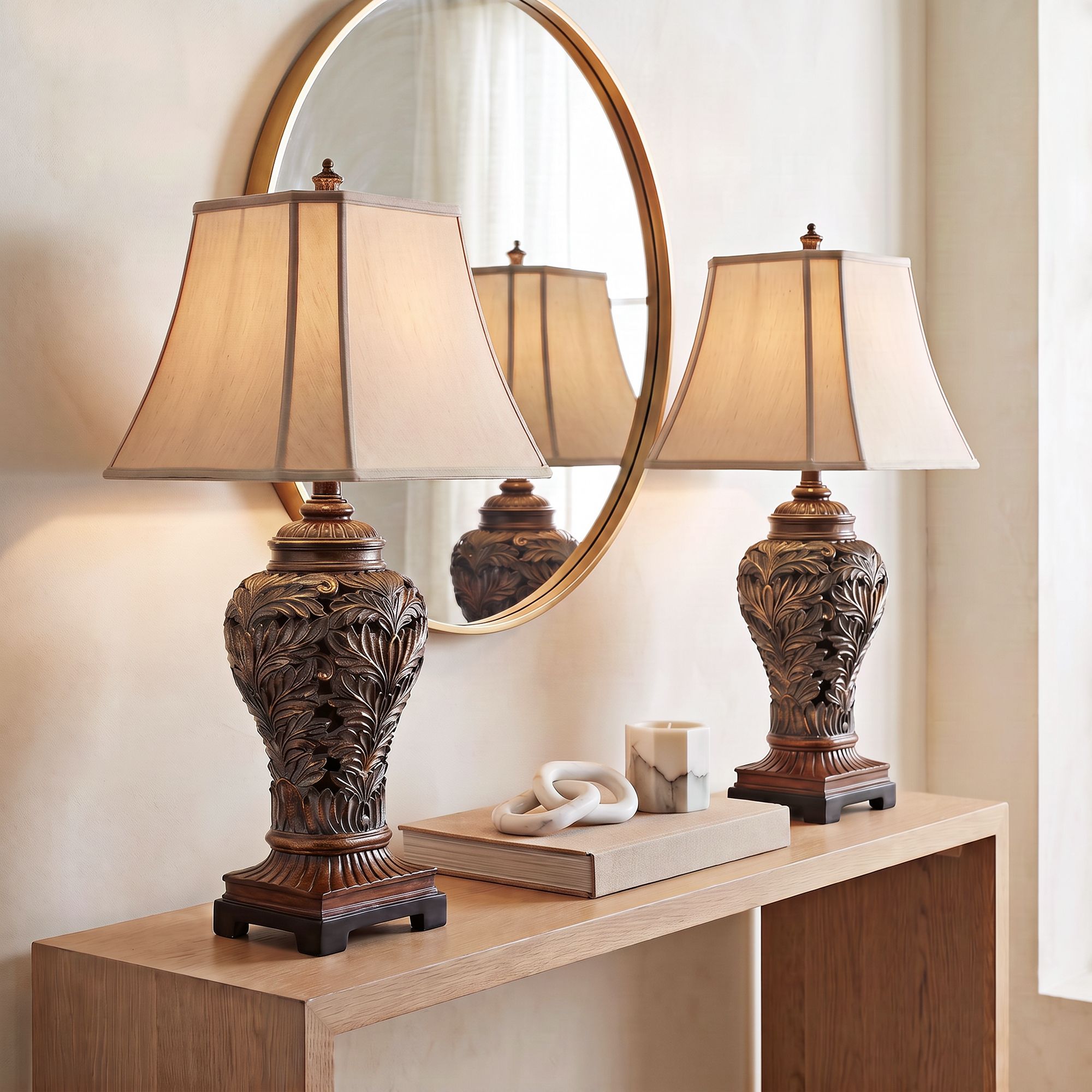 Image 1 Regency Hill Oak 32 1/2" Leafwork Traditional Table Lamps Set of 2 in scene