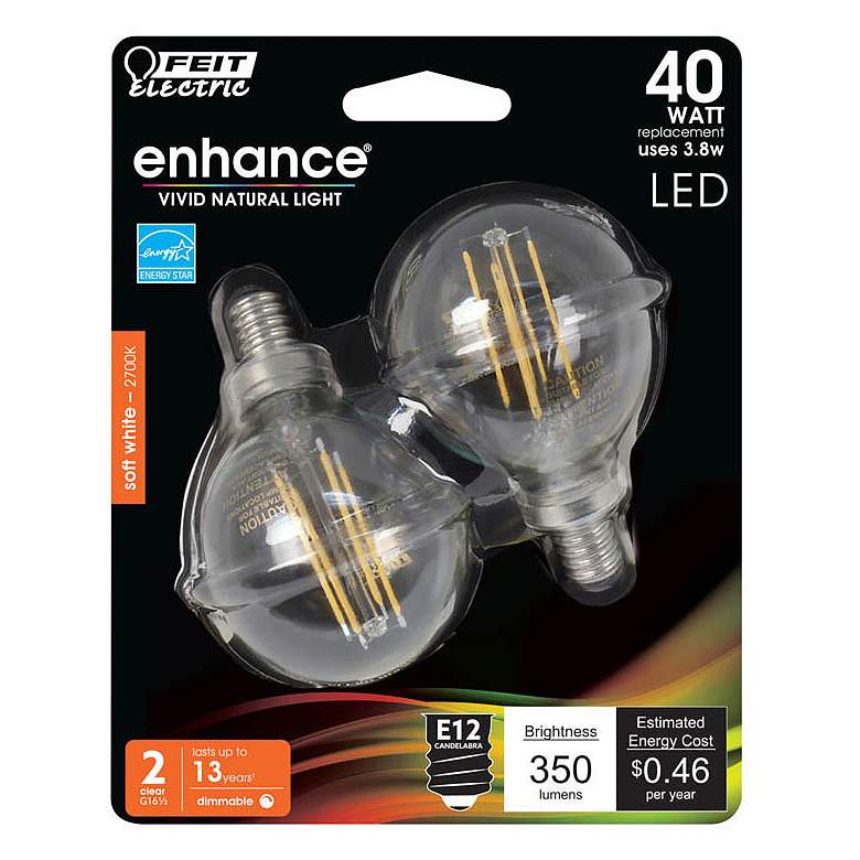 Image 1 40W Equivalent 3.8W LED G16 Dimmable Filament Globe Bulb 2 Pack