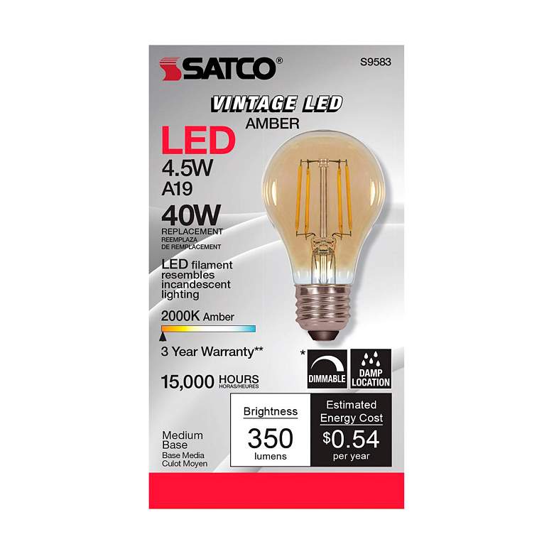 Image 3 40W Equivalent 4.5W LED Dimmable E26 2000K Amber A19 Light Bulb by Satco more views