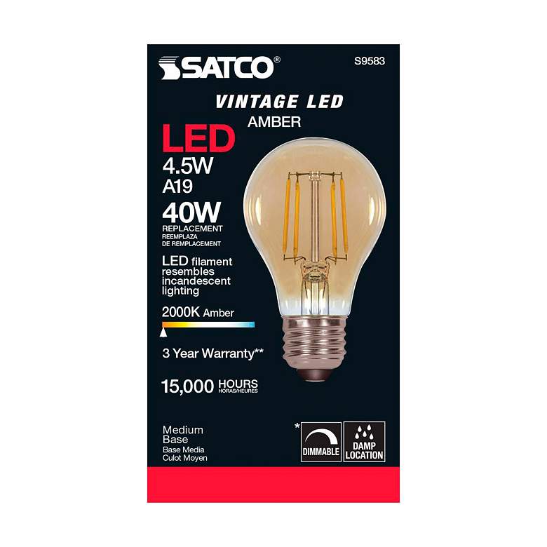 Image 4 40W Equivalent 4.5W LED Dimmable E26 2000K Amber A19 Light Bulb by Satco more views