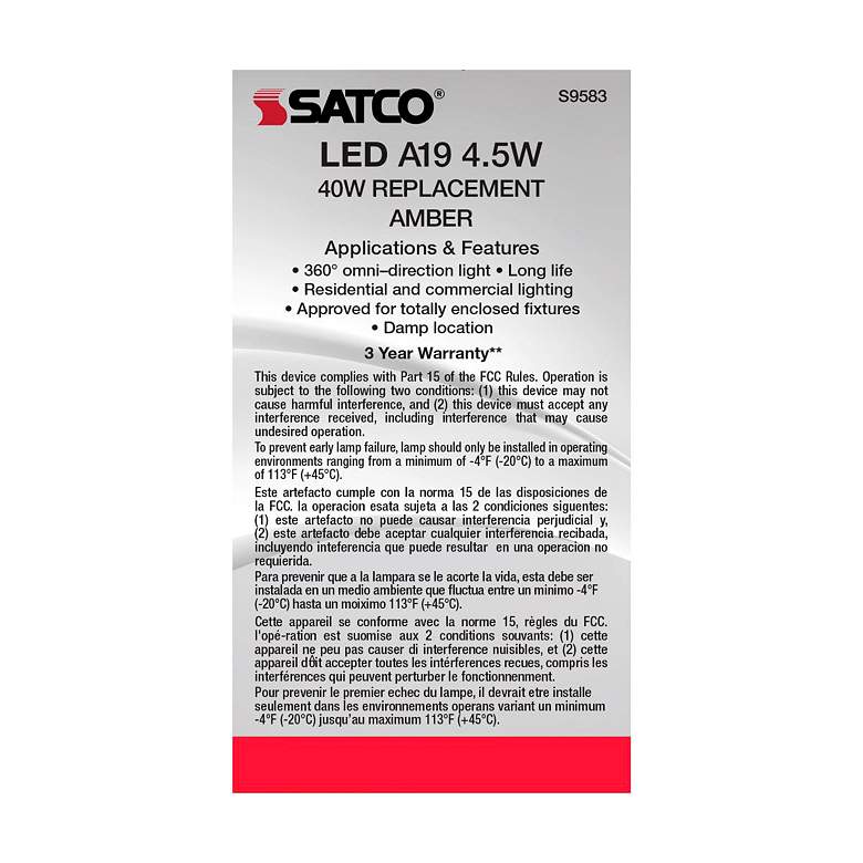 Image 5 40W Equivalent 4.5W LED Dimmable E26 2000K Amber A19 Light Bulb by Satco more views
