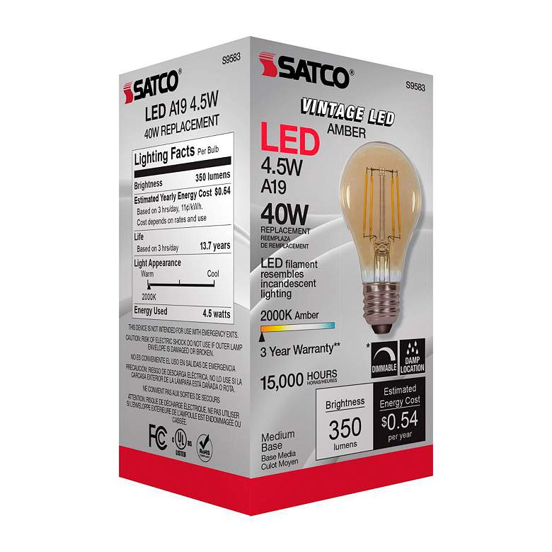 Image 7 40W Equivalent 4.5W LED Dimmable E26 2000K Amber A19 Light Bulb by Satco more views