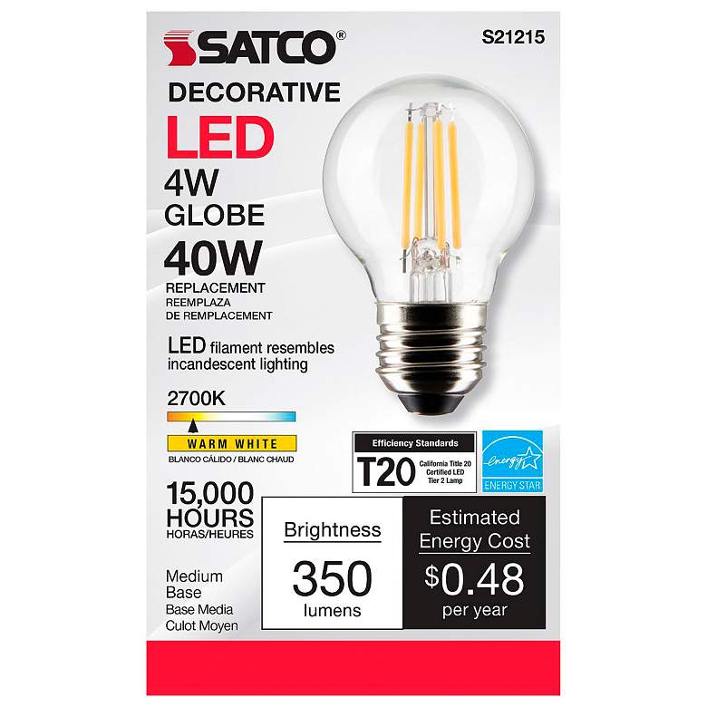 Image 4 40W Equivalent 4W Clear Dimmable Standard Globe Filament LED Bulb by Satco more views