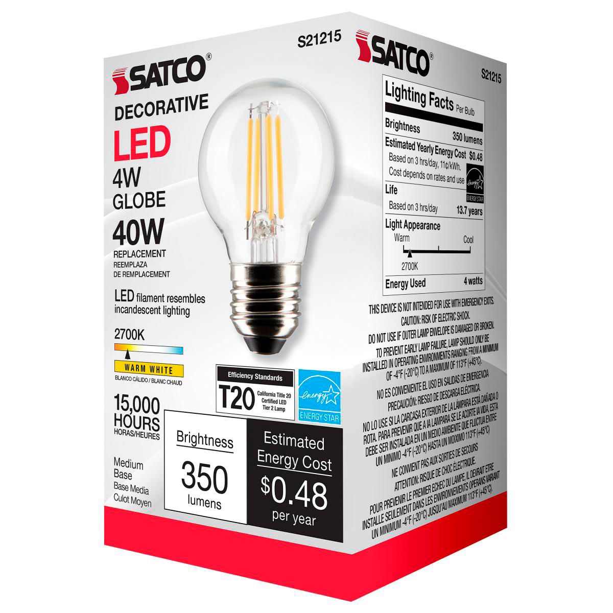 40W Equivalent 4W Clear Dimmable Standard Globe Filament LED Bulb by Satco in scene
